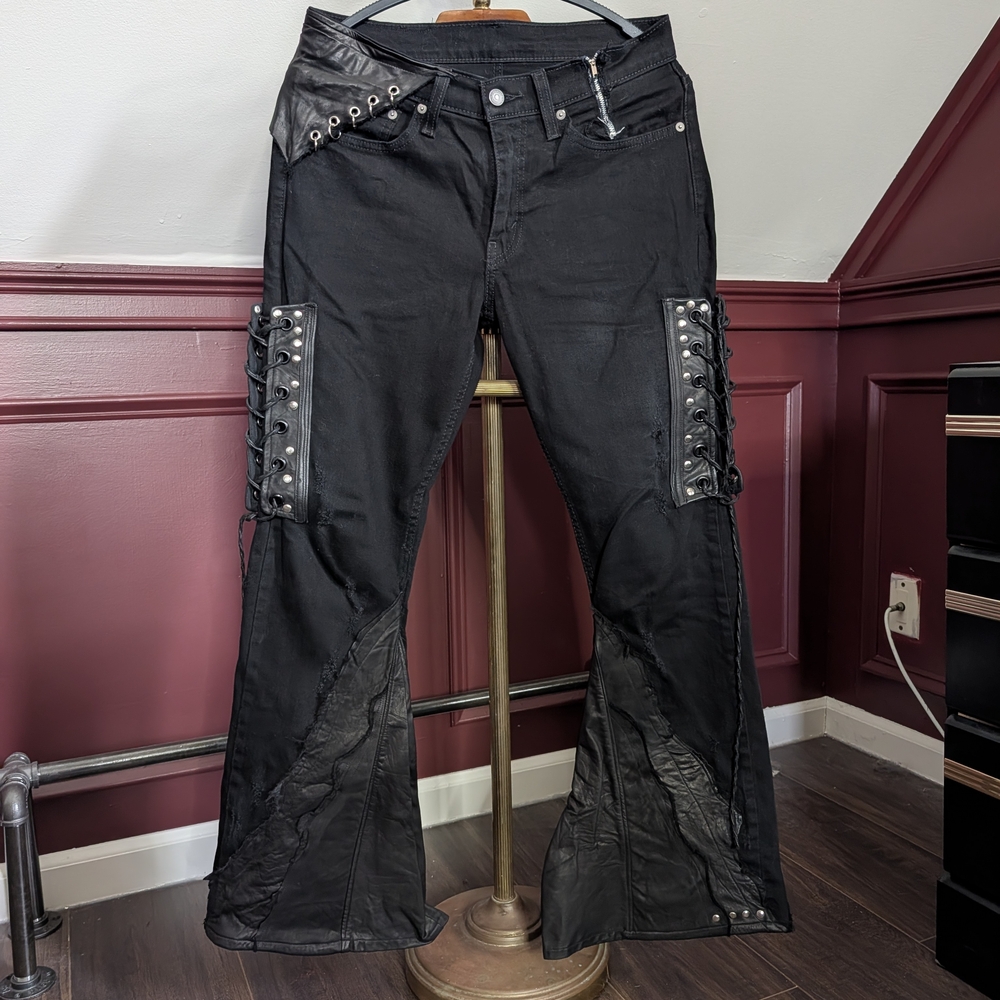 SHOHEI YAKAMIYA Black Lace-Up Flared Leather Jeans with Pierced Studded Details
